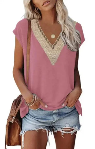 Women’s Fashion V-Neck Top with Lace Stitching - Stylish Casual Wear - Pink / 2XL