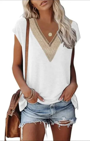 Women’s Fashion V-Neck Top with Lace Stitching - Stylish Casual Wear - White / 2XL