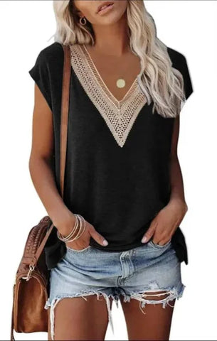 Women’s Fashion V-Neck Top with Lace Stitching - Stylish Casual Wear - Black / 2XL