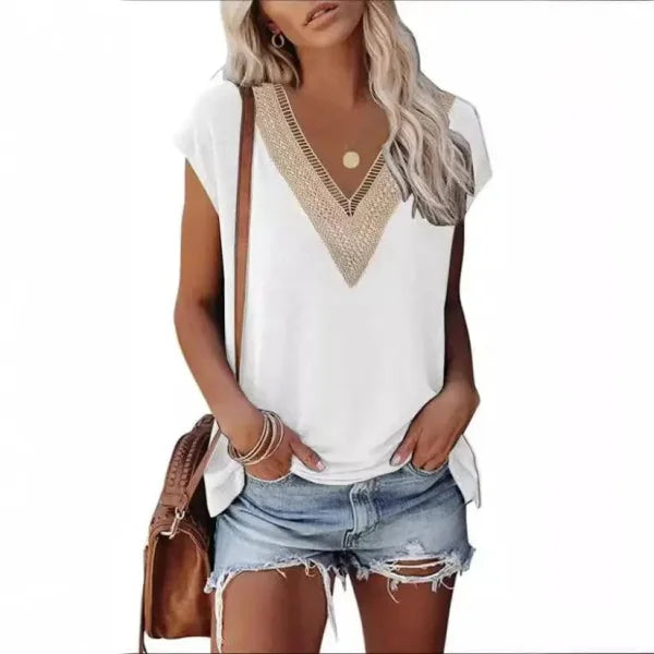 Women’s Fashion V-Neck Top with Lace Stitching - Stylish Casual Wear