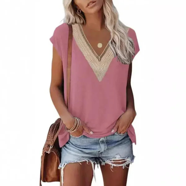 Women’s Fashion V-Neck Top with Lace Stitching - Stylish Casual Wear