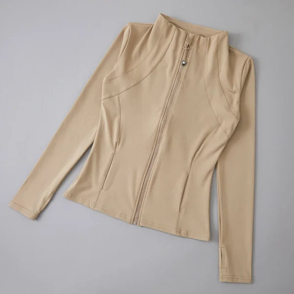 Women’s High Elastic Yoga Jacket - Long Sleeve Stand Collar Loose Fit Workout Top - khaki-Upgrades / L