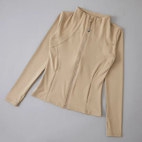 Women’s High Elastic Yoga Jacket - Long Sleeve Stand Collar Loose Fit Workout Top - khaki-Upgrades / L