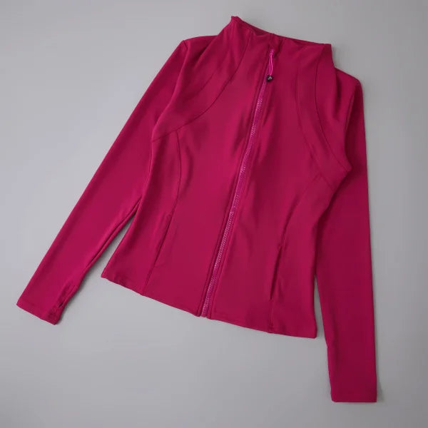 Women’s High Elastic Yoga Jacket - Long Sleeve Stand Collar Loose Fit Workout Top - Rose red-Upgrades / L