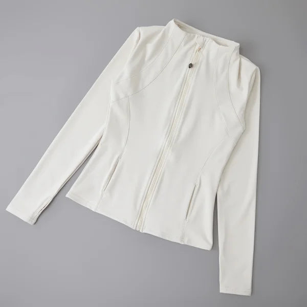 Women’s High Elastic Yoga Jacket - Long Sleeve Stand Collar Loose Fit Workout Top - Ivory white-Upgrades / S