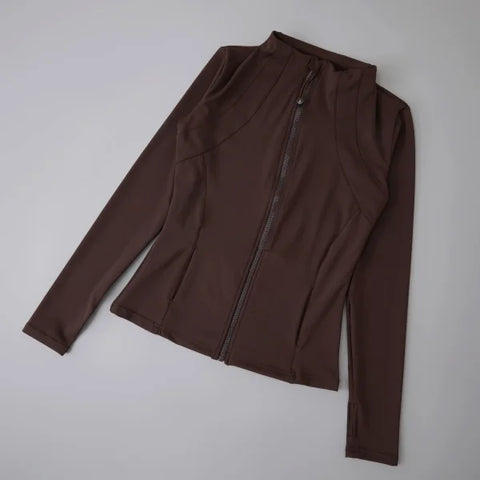 Women’s High Elastic Yoga Jacket - Long Sleeve Stand Collar Loose Fit Workout Top - Dark brown-Upgrades / L