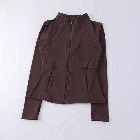 Women’s High Elastic Yoga Jacket - Long Sleeve Stand Collar Loose Fit Workout Top - Coffee / XL