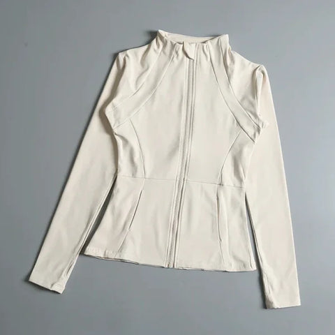 Women’s High Elastic Yoga Jacket - Long Sleeve Stand Collar Loose Fit Workout Top - Ivory / L