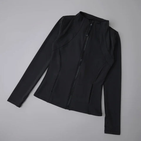 Women’s High Elastic Yoga Jacket - Long Sleeve Stand Collar Loose Fit Workout Top - black-Upgrades / L
