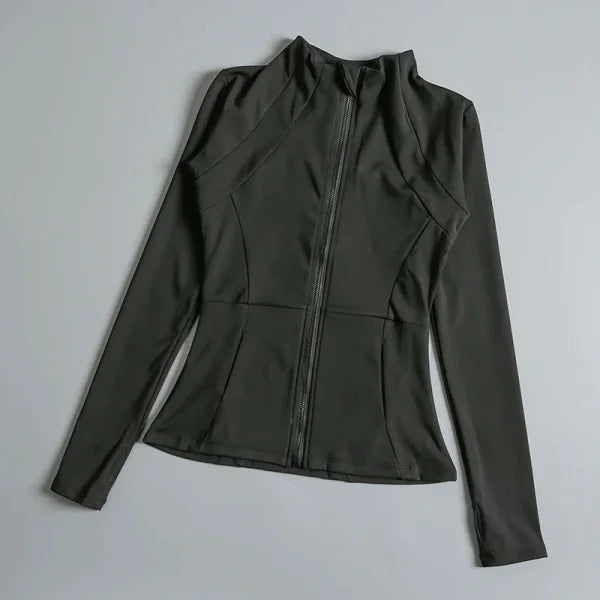 Women’s High Elastic Yoga Jacket - Long Sleeve Stand Collar Loose Fit Workout Top - black / L