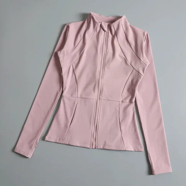 Women’s High Elastic Yoga Jacket - Long Sleeve Stand Collar Loose Fit Workout Top - Pink / L