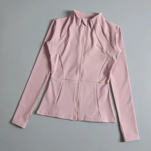 Women’s High Elastic Yoga Jacket - Long Sleeve Stand Collar Loose Fit Workout Top - Pink / L