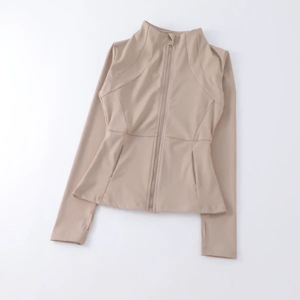 Women’s High Elastic Yoga Jacket - Long Sleeve Stand Collar Loose Fit Workout Top - Khaki / XL
