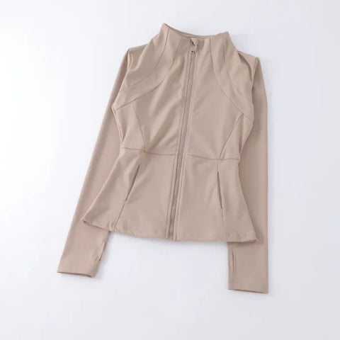Women’s High Elastic Yoga Jacket - Long Sleeve Stand Collar Loose Fit Workout Top - Khaki / XL