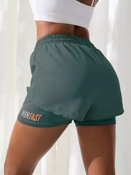 Women’s High Rise Yoga Shorts – Elastic Running Shorts with Fake Two-Piece Design - S / green