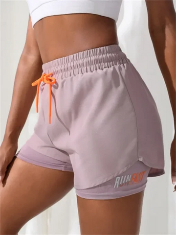 Women’s High Rise Yoga Shorts – Elastic Running Shorts with Fake Two-Piece Design - M / Purple