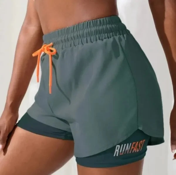 Women’s High Rise Yoga Shorts – Elastic Running Shorts with Fake Two-Piece Design
