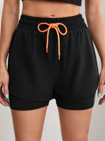 Women’s High Rise Yoga Shorts – Elastic Running Shorts with Fake Two-Piece Design