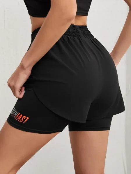 Women’s High Rise Yoga Shorts – Elastic Running Shorts with Fake Two-Piece Design