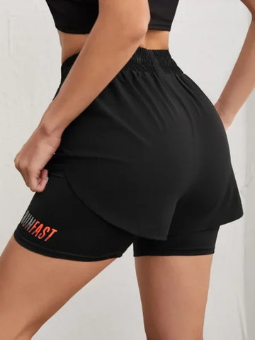 Women’s High Rise Yoga Shorts – Elastic Running Shorts with Fake Two-Piece Design