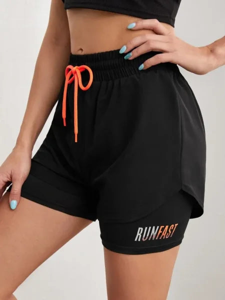 Women’s High Rise Yoga Shorts – Elastic Running Shorts with Fake Two-Piece Design - M / black