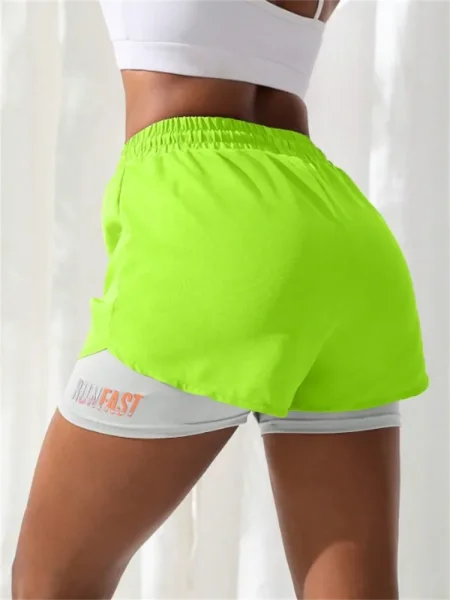 Women’s High Rise Yoga Shorts – Elastic Running Shorts with Fake Two-Piece Design - M / Lemon Yellow