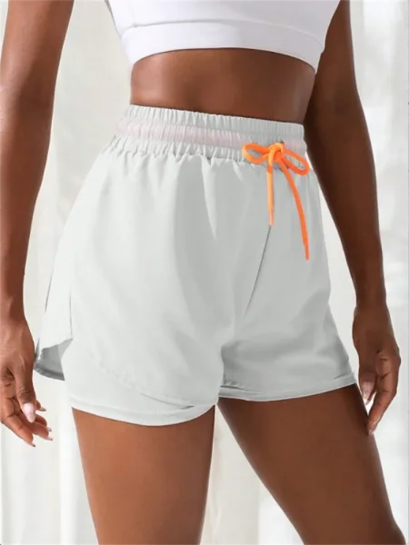 Women’s High Rise Yoga Shorts – Elastic Running Shorts with Fake Two-Piece Design - S / White