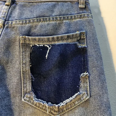 Women’s High Waist Ripped Denim Shorts – Vintage Slim Straight Summer Jeans with Diamond Beads