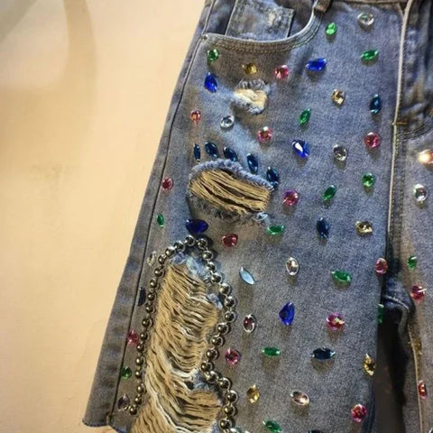 Women’s High Waist Ripped Denim Shorts – Vintage Slim Straight Summer Jeans with Diamond Beads