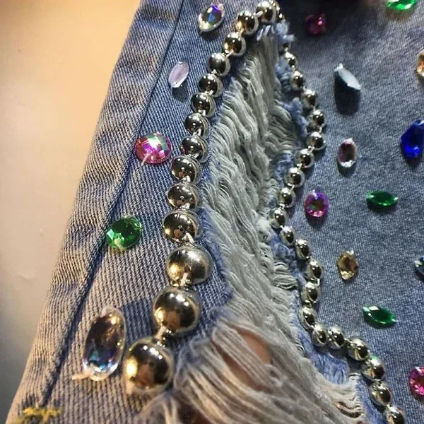 Women’s High Waist Ripped Denim Shorts – Vintage Slim Straight Summer Jeans with Diamond Beads