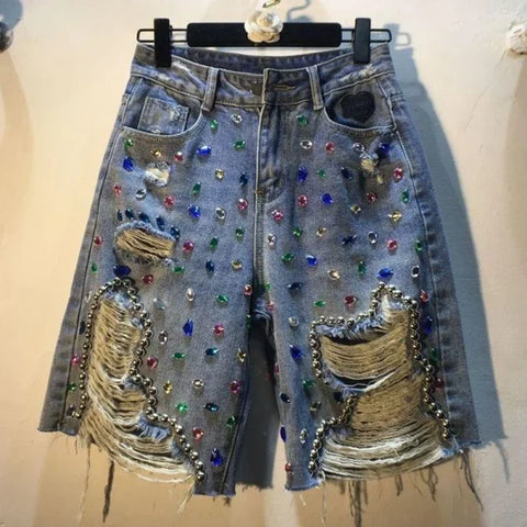 Women’s High Waist Ripped Denim Shorts – Vintage Slim Straight Summer Jeans with Diamond Beads