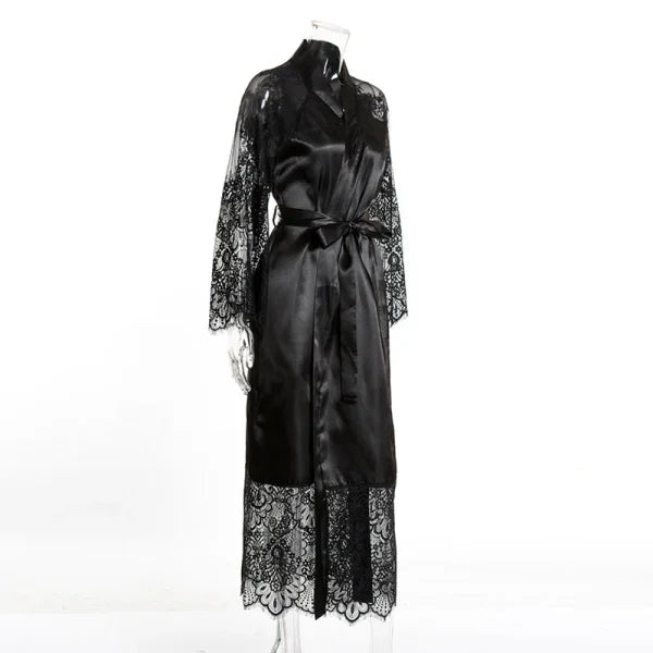 Women's Ice Silk Lace Robe – Long Sexy Kimono Nightgown Sleepwear - Himpall