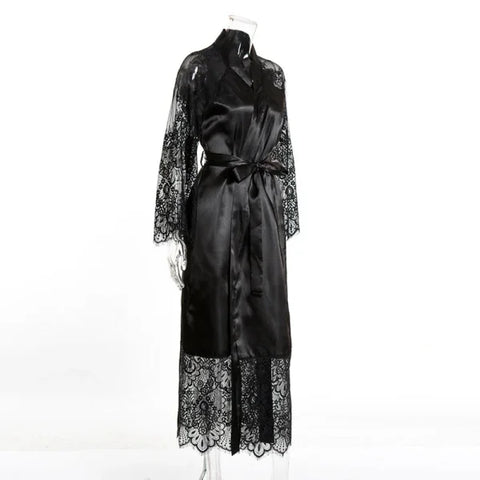 Women's Ice Silk Lace Robe – Long Sexy Kimono Nightgown Sleepwear - Himpall