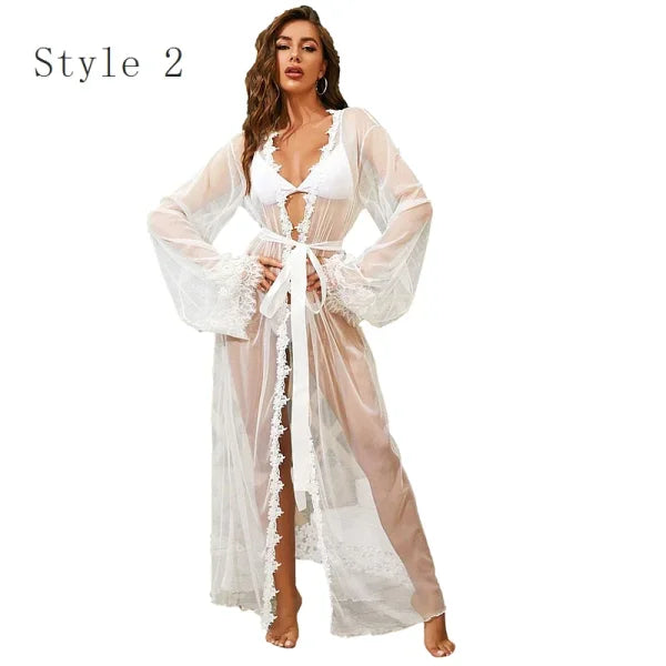 Women's Ice Silk Lace Robe – Long Sexy Kimono Nightgown Sleepwear - Himpall