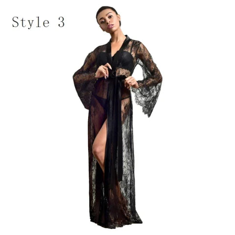 Women's Ice Silk Lace Robe – Long Sexy Kimono Nightgown Sleepwear - Himpall