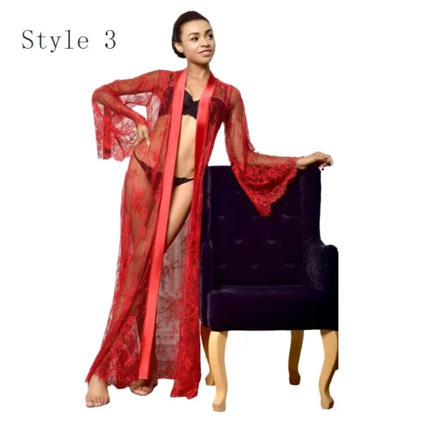 Women's Ice Silk Lace Robe – Long Sexy Kimono Nightgown Sleepwear - Himpall