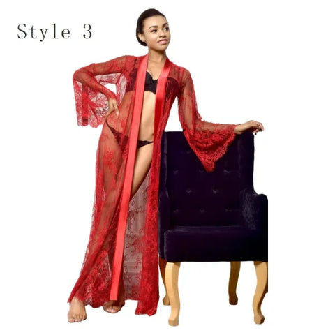 Women's Ice Silk Lace Robe – Long Sexy Kimono Nightgown Sleepwear - Himpall