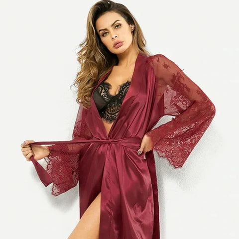 Women's Ice Silk Lace Robe – Long Sexy Kimono Nightgown Sleepwear - Himpall