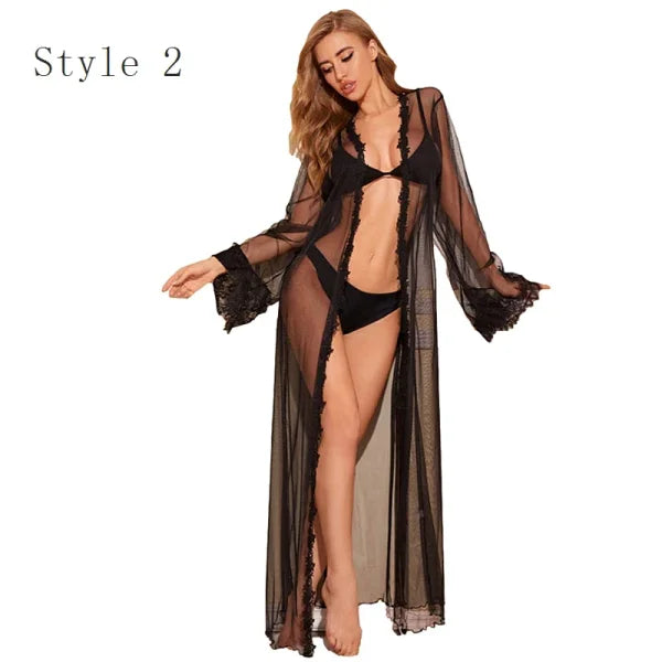 Women's Ice Silk Lace Robe – Long Sexy Kimono Nightgown Sleepwear - Himpall