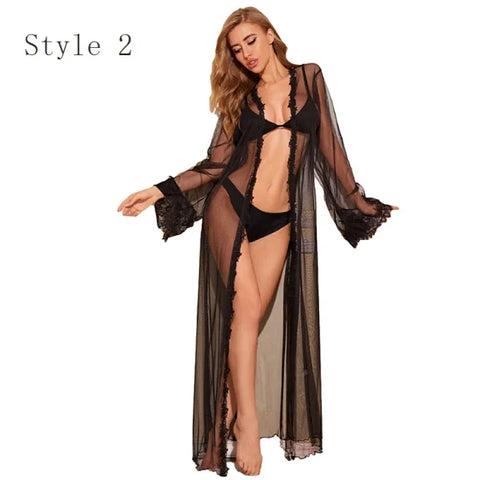 Women's Ice Silk Lace Robe – Long Sexy Kimono Nightgown Sleepwear - Himpall
