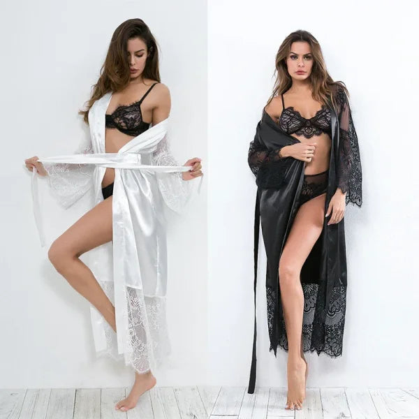 Women's Ice Silk Lace Robe – Long Sexy Kimono Nightgown Sleepwear - Himpall