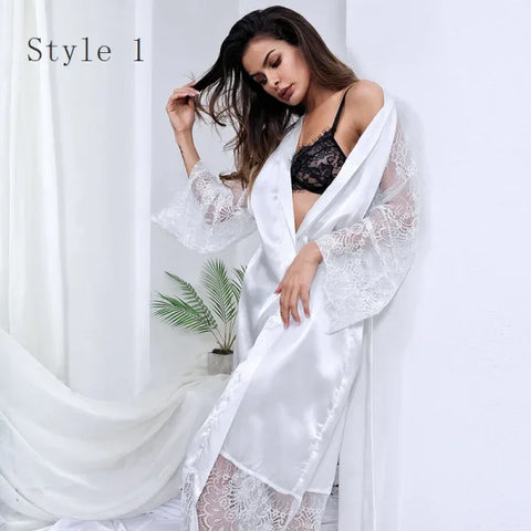 Women's Ice Silk Lace Robe – Long Sexy Kimono Nightgown Sleepwear - Himpall