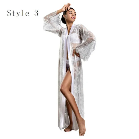 Women's Ice Silk Lace Robe – Long Sexy Kimono Nightgown Sleepwear - Himpall