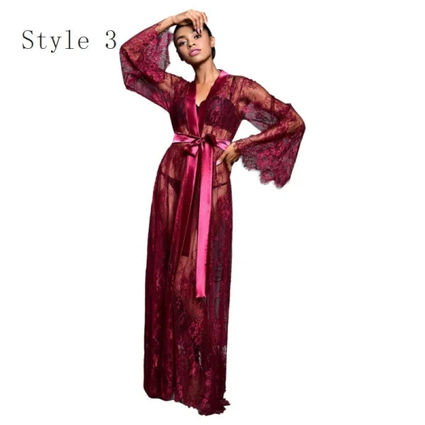 Women's Ice Silk Lace Robe – Long Sexy Kimono Nightgown Sleepwear - Himpall
