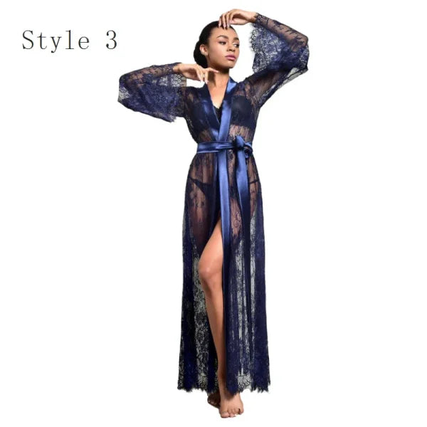Women's Ice Silk Lace Robe – Long Sexy Kimono Nightgown Sleepwear - Himpall