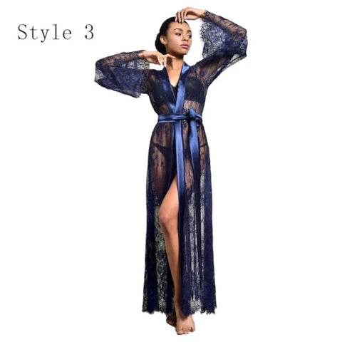Women's Ice Silk Lace Robe – Long Sexy Kimono Nightgown Sleepwear - Himpall