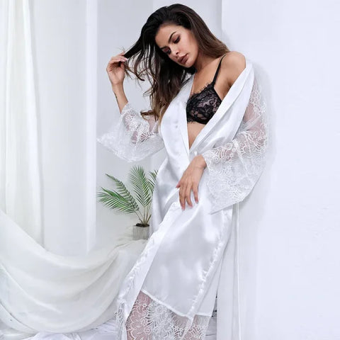 Women's Ice Silk Lace Robe – Long Sexy Kimono Nightgown Sleepwear - Himpall