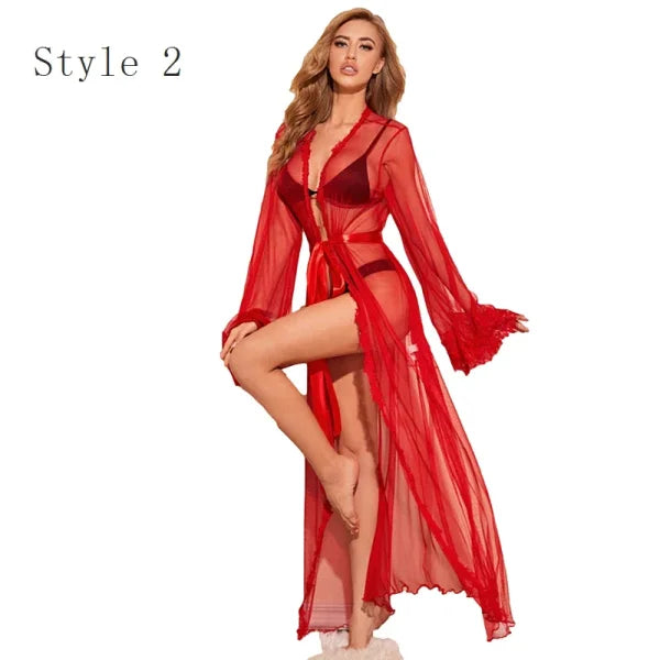 Women's Ice Silk Lace Robe – Long Sexy Kimono Nightgown Sleepwear - Himpall