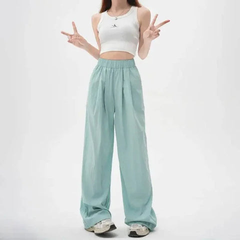Women’s Ice Silk Pants: High Waist Loose Fit - 001 Lake Blue / S