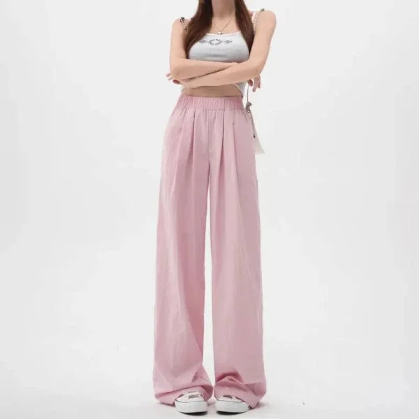 Women’s Ice Silk Pants: High Waist Loose Fit - 001 Light Pink / S